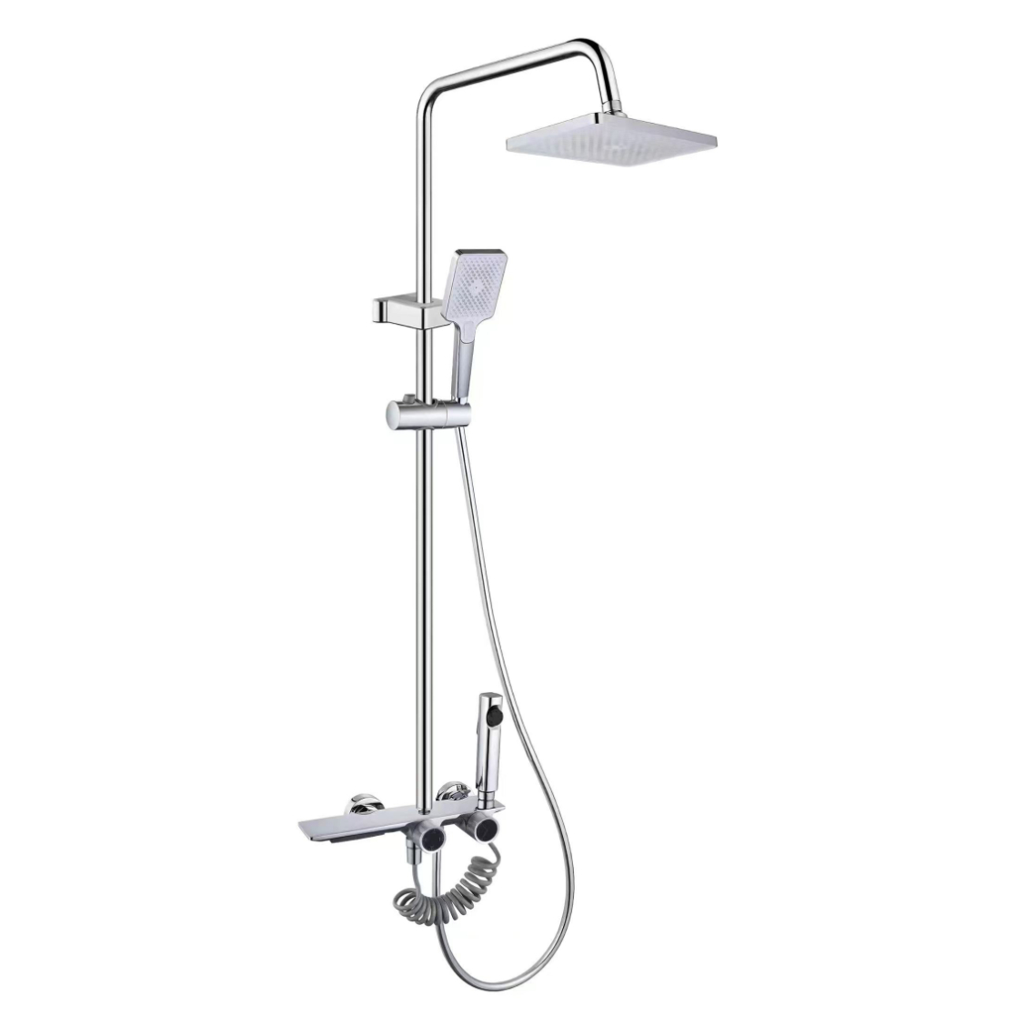 ደማቅ የChrome ካሬ የዝናብ ሻወር ከባለሁለት አንጓዎች ጋር ተዘጋጅቷል።