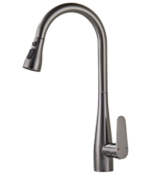 Gunmetal Gray High-Arc Gooseneck ሙቅ እና ቀዝቃዛ ኩሽና የሚጎትት ቧንቧ