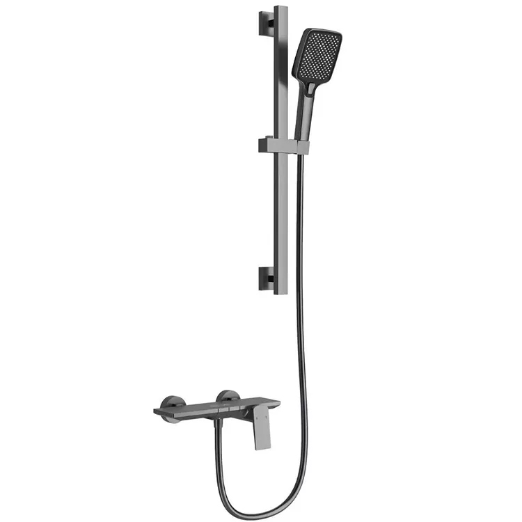 Gunmetal Grey Square ሻወር ከሚስተካከለው የስላይድ ባር ጋር ተዘጋጅቷል።